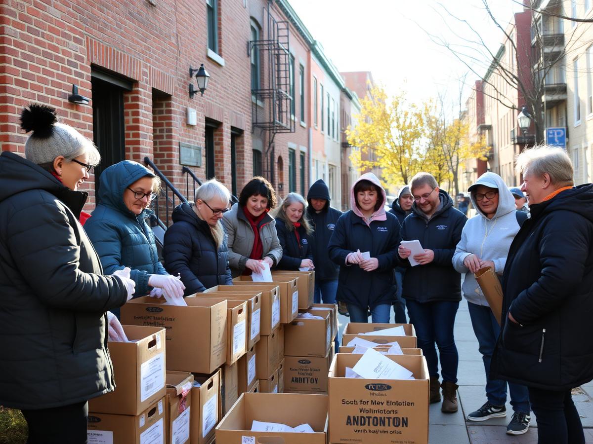 Community volunteers sorting donation boxes on a New England street