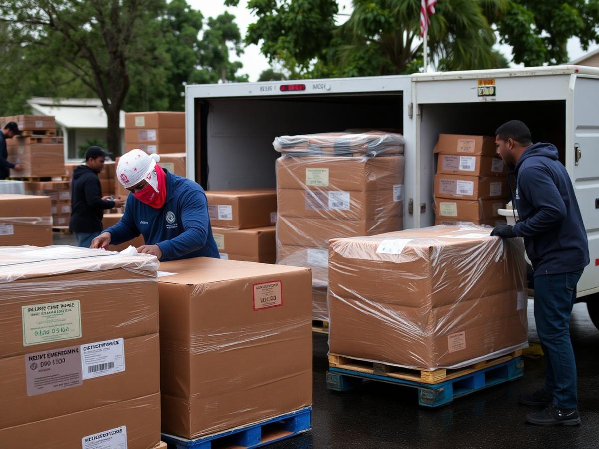 Relief workers unloading emergency supply pallets after a storm